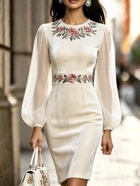 Velvet Embroidered Round Neck Long Sleeve Elegant Women Dress